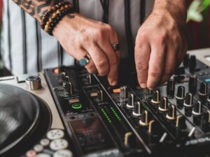 dj, pioneer, rings, hands, close up, tattoo, music, vinyl, record